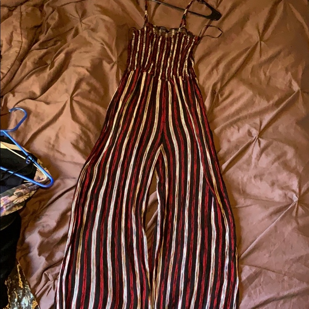 Red white and black striped mid-leg jumpsuit.